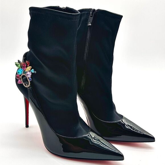 Christian Louboutin Jessie Booty Joli 100 Black Patent Satin Ankle EU 37.5 - Picture 13 of 14